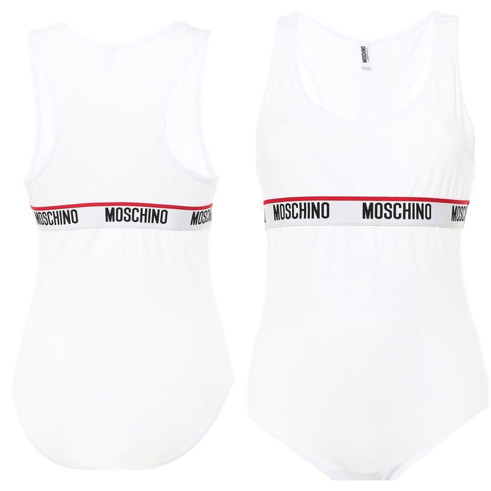 MOSCHINO luxury designer bodysuit, logo tape,  authentic. Stretching